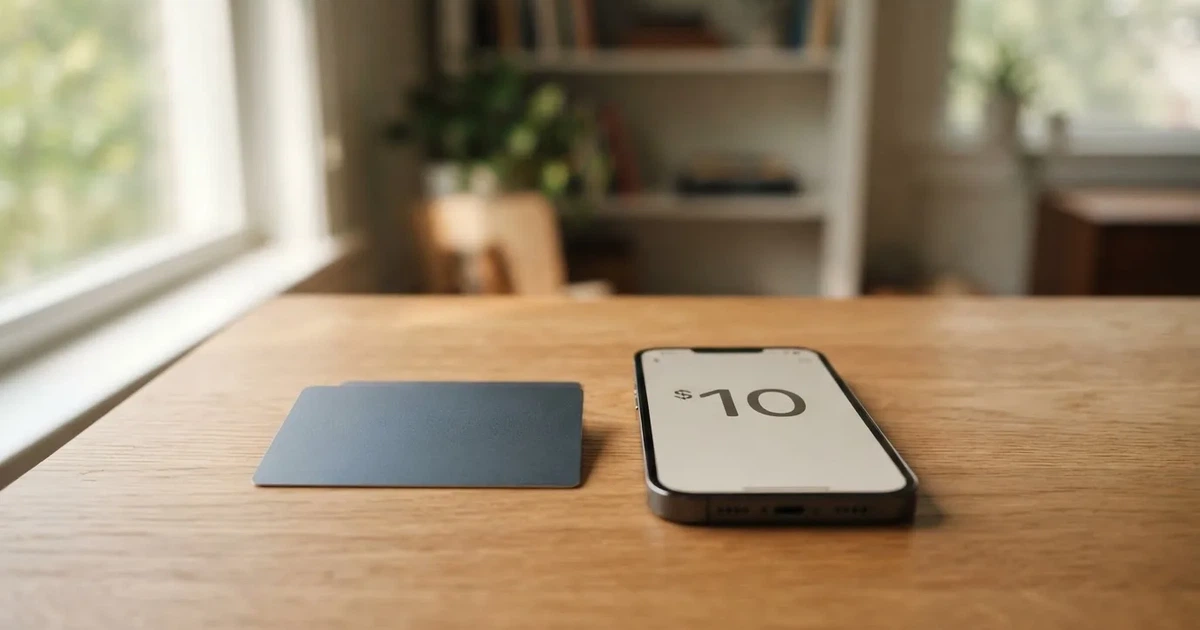 A payment card next to a phone with a crypto wallet app open