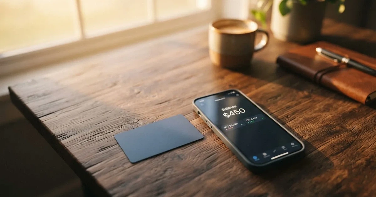 A payment card next to a phone with a crypto wallet app open