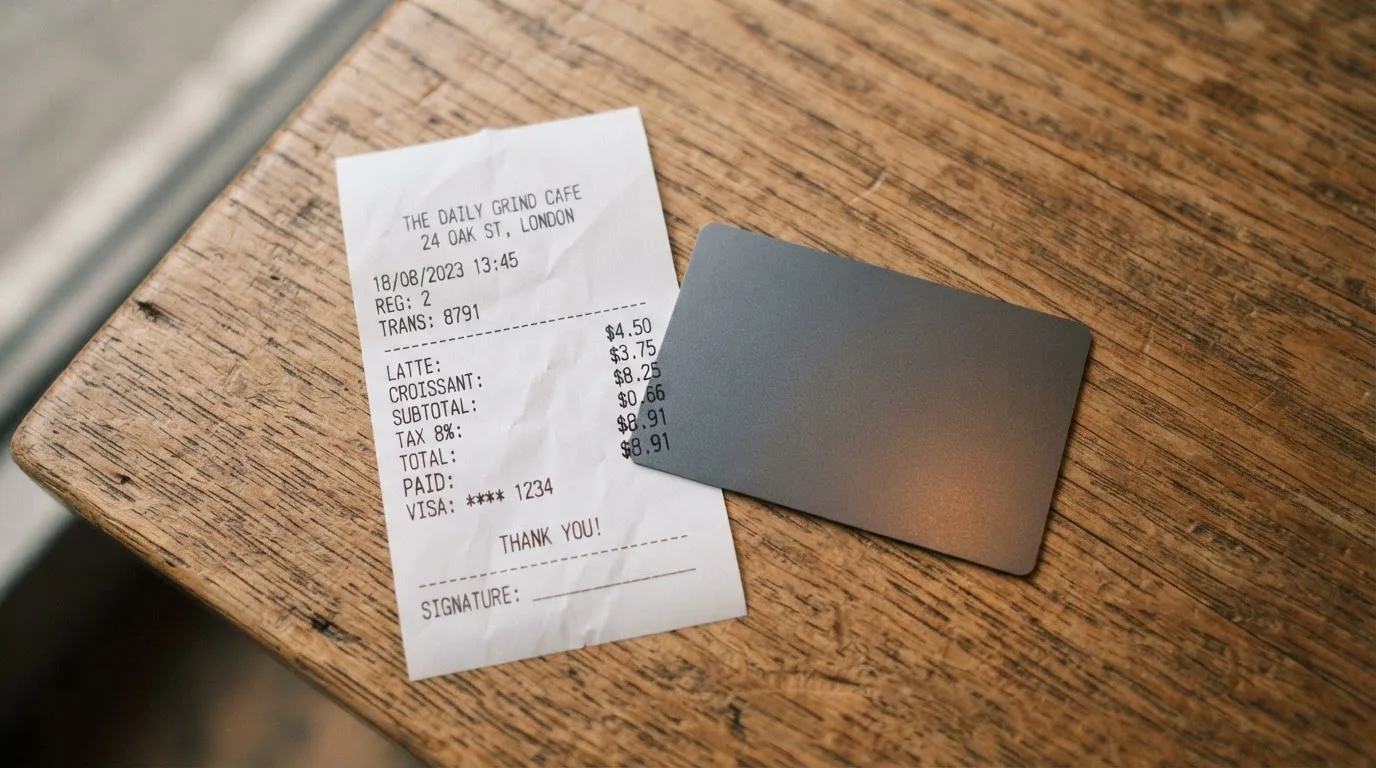 A receipt and a card on a café table