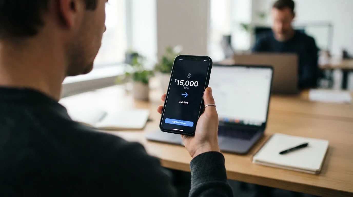 A phone showing a stablecoin transfer screen