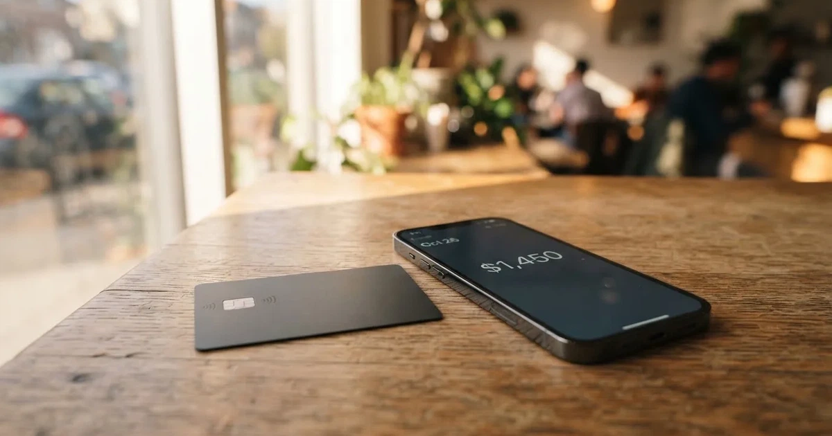A payment card next to a phone with a crypto wallet app open