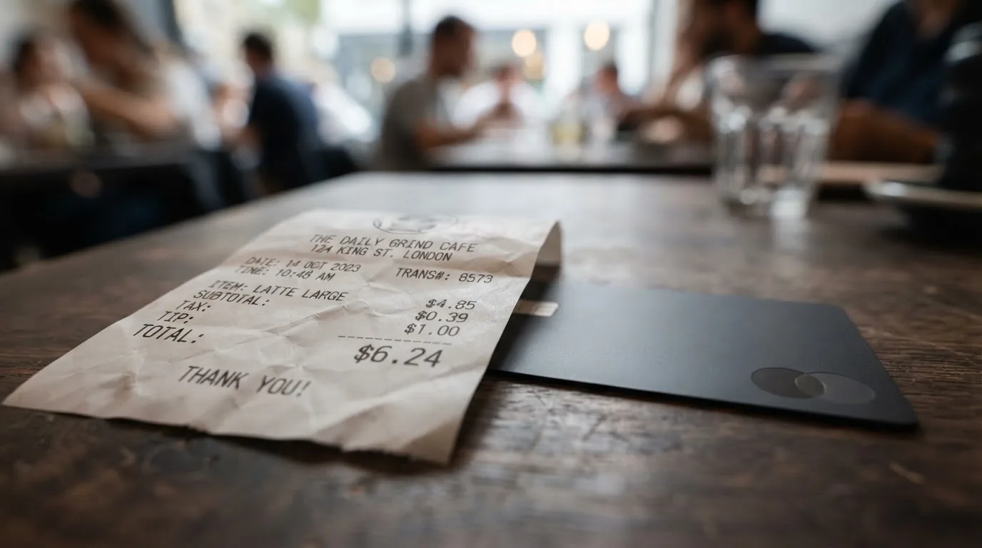 A receipt and a card on a café table