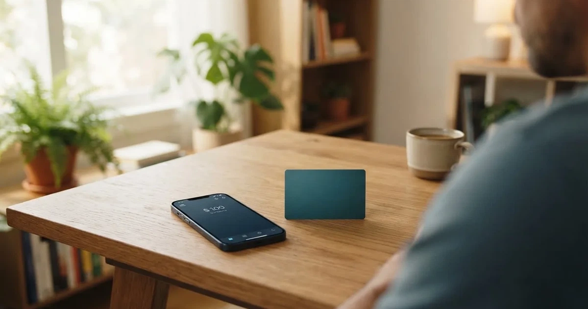 A payment card next to a phone with a crypto wallet app open