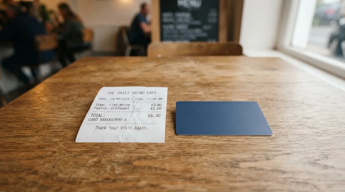 A receipt and a card on a café table