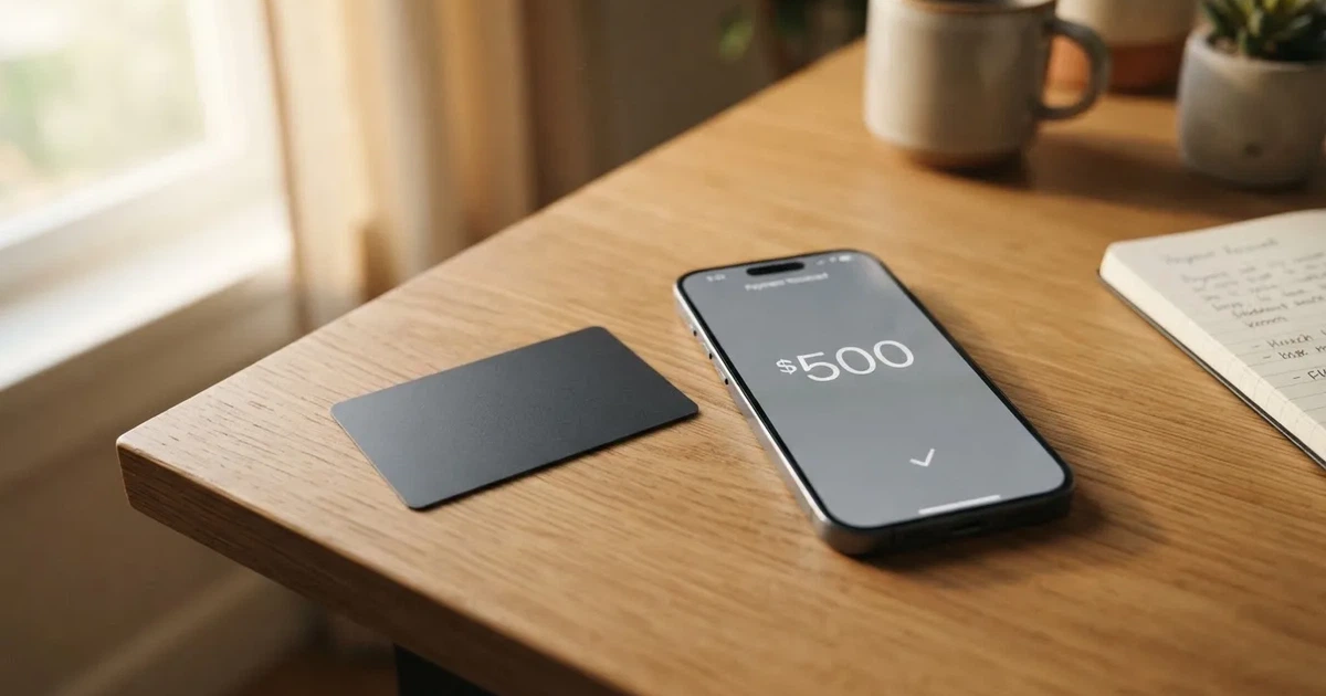 A payment card next to a phone with a crypto wallet app open