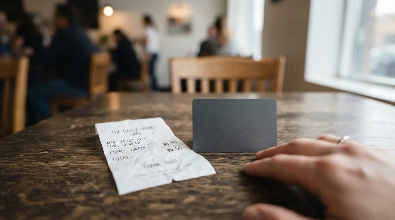 A receipt and a card on a café table