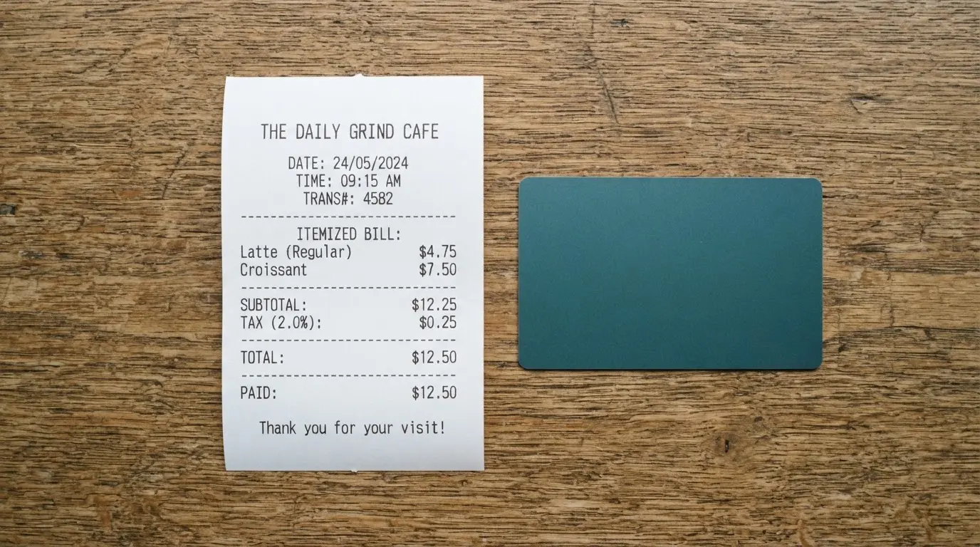 A receipt and a card on a café table