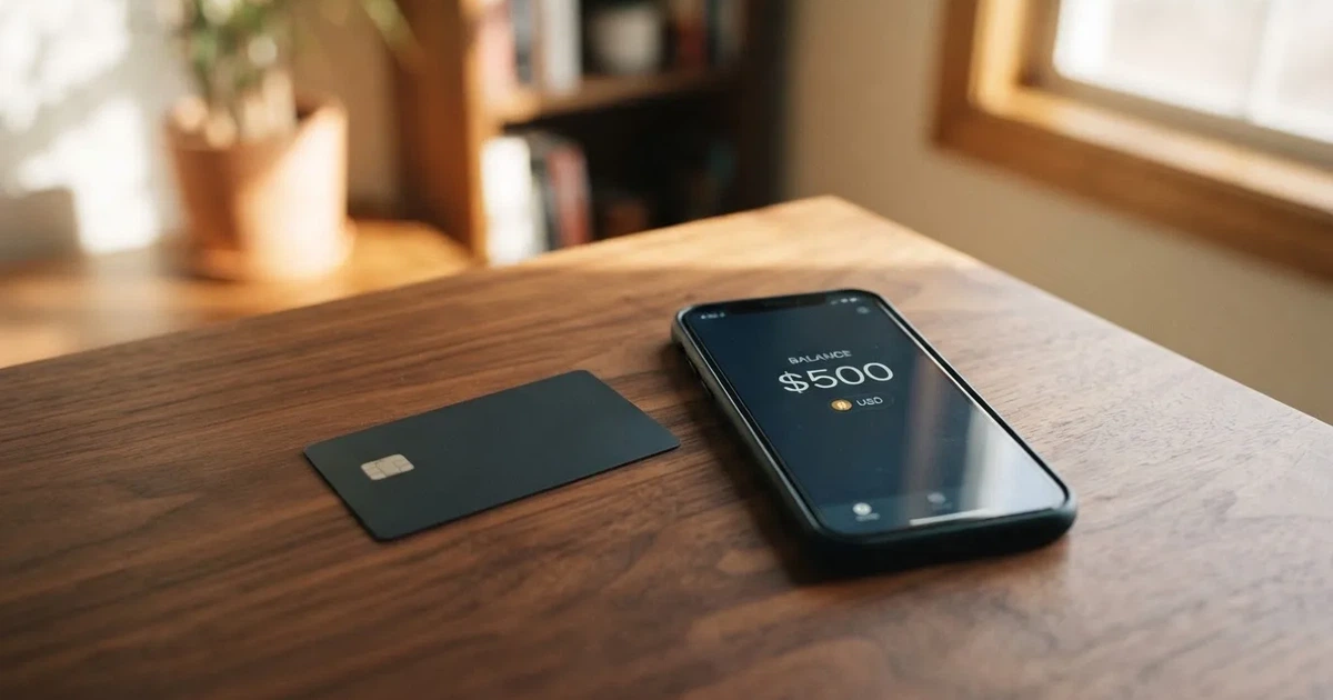 A payment card next to a phone with a crypto wallet app open