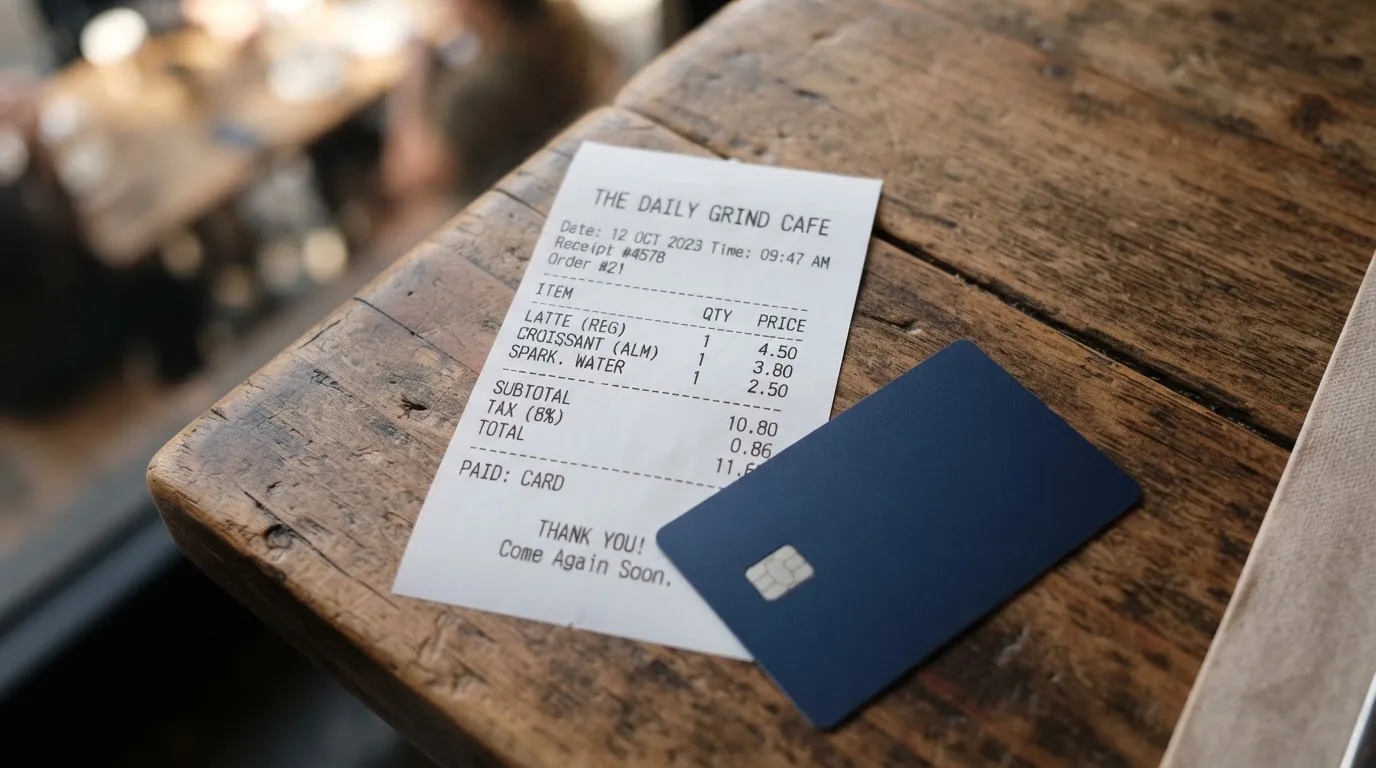 A receipt and a card on a café table