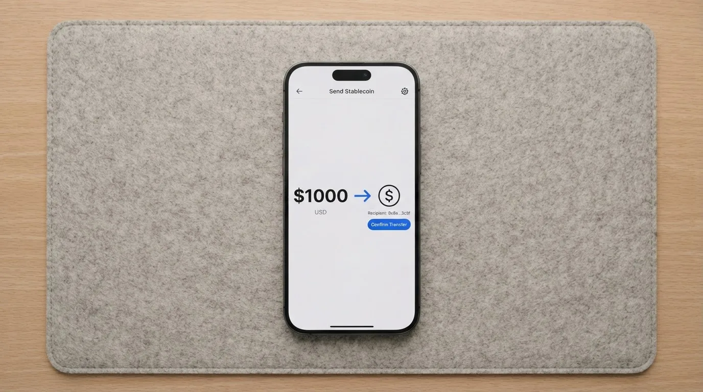 A phone showing a stablecoin transfer screen