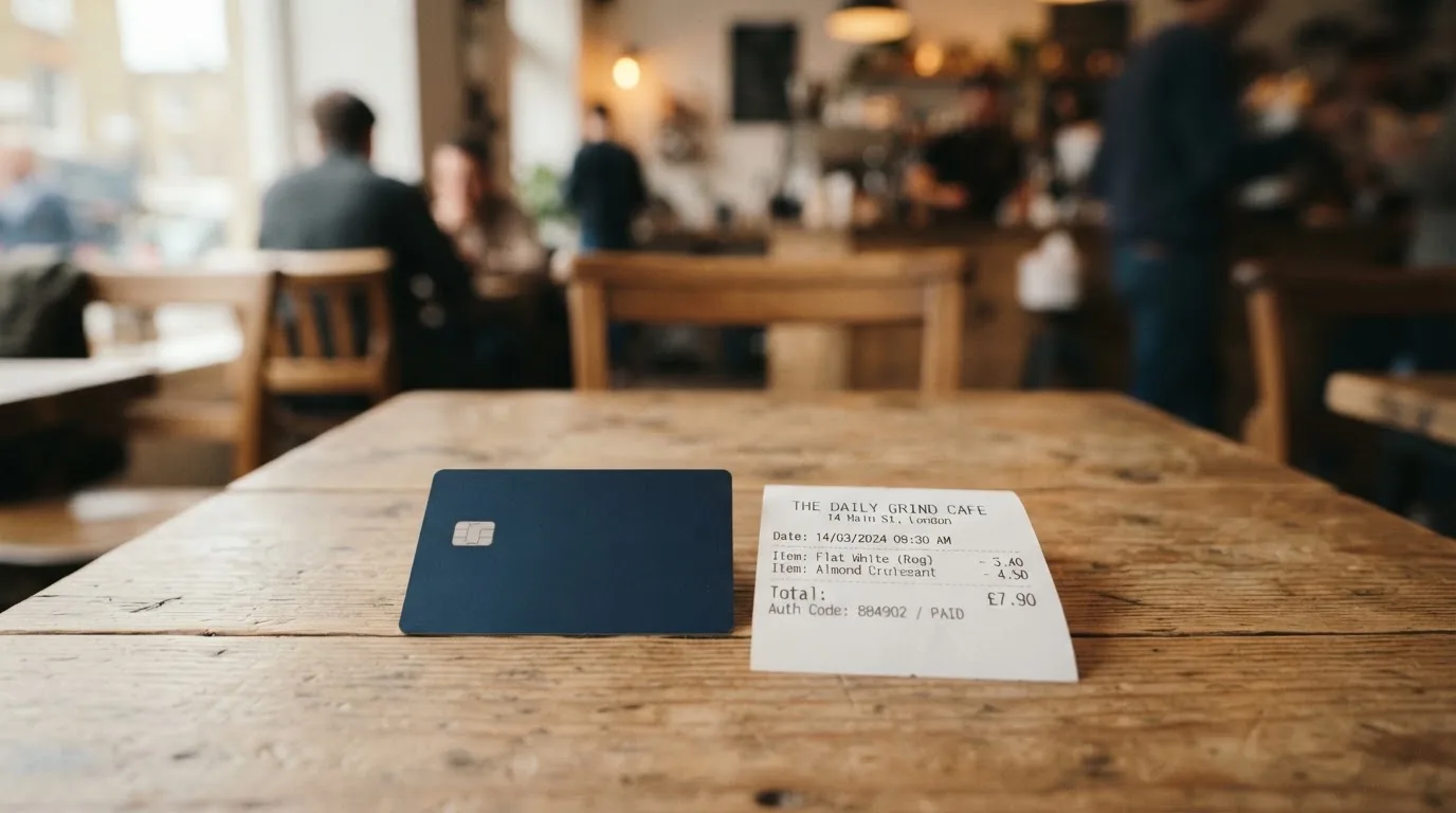 A receipt and a card on a café table