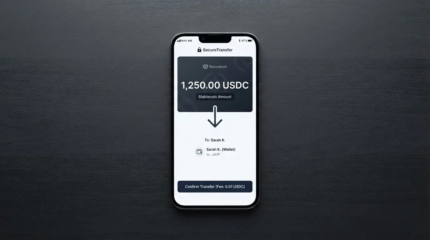 A phone showing a stablecoin transfer screen