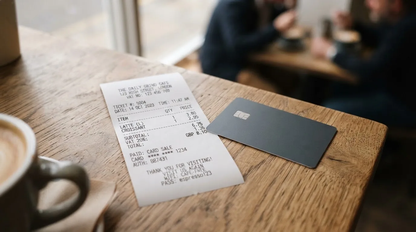 A receipt and a card on a café table