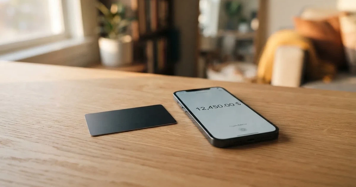 A payment card next to a phone with a crypto wallet app open