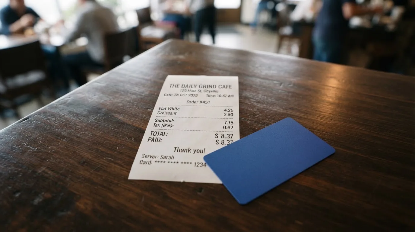 A receipt and a card on a café table