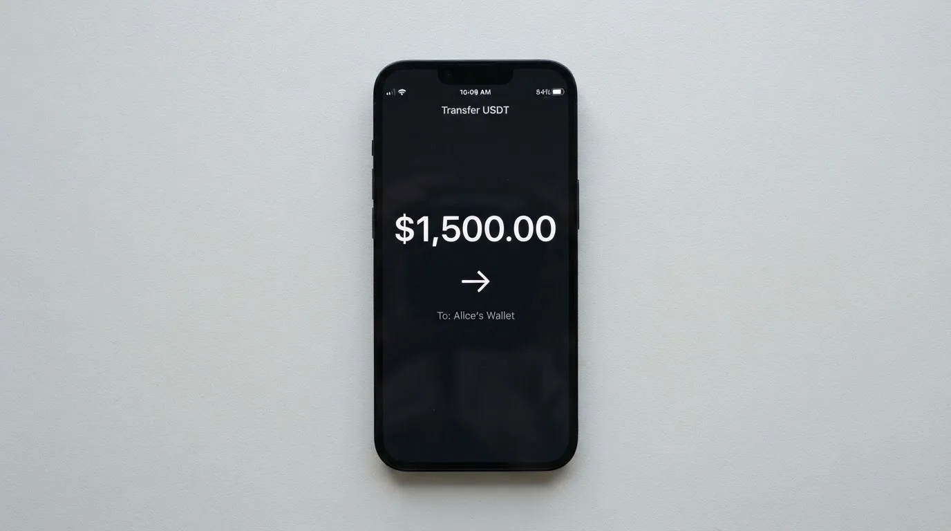 A phone showing a stablecoin transfer screen
