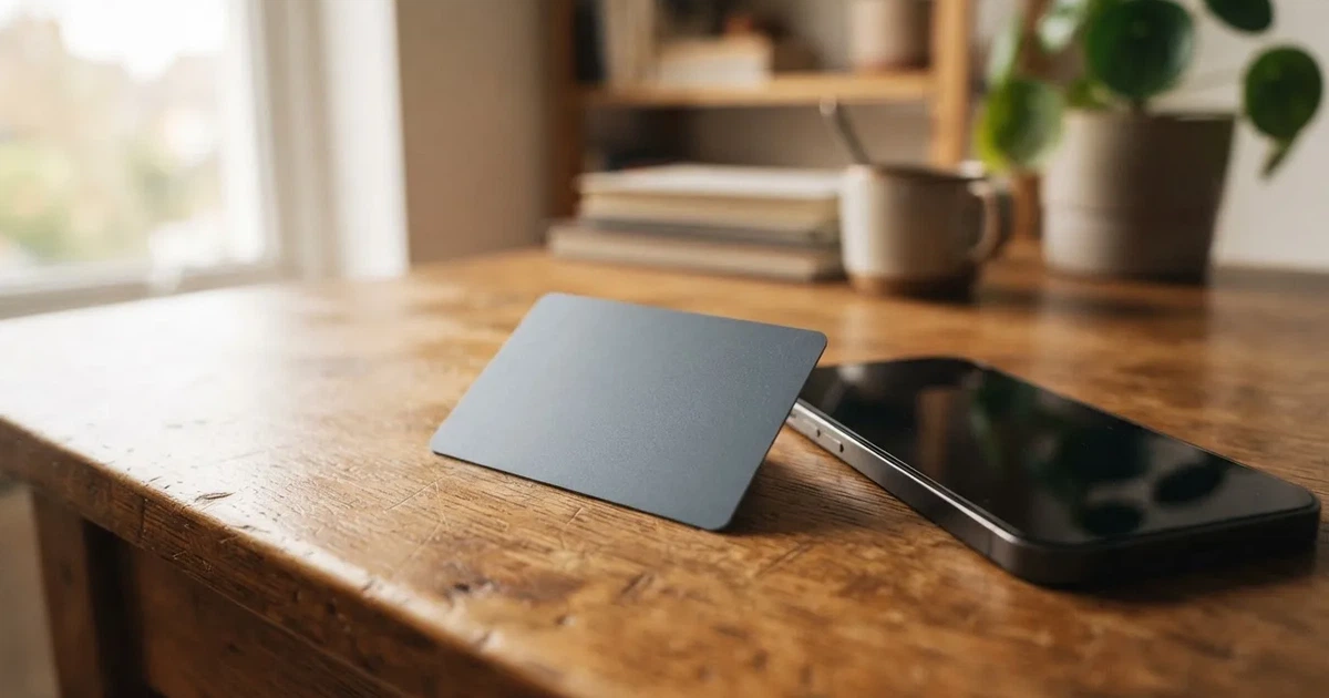 A payment card next to a phone with a crypto wallet app open