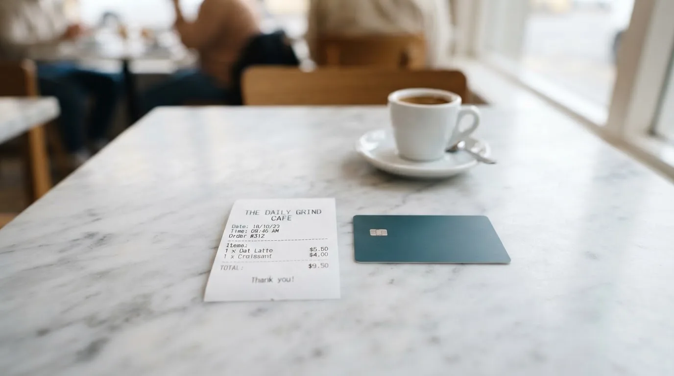 A receipt and a card on a café table