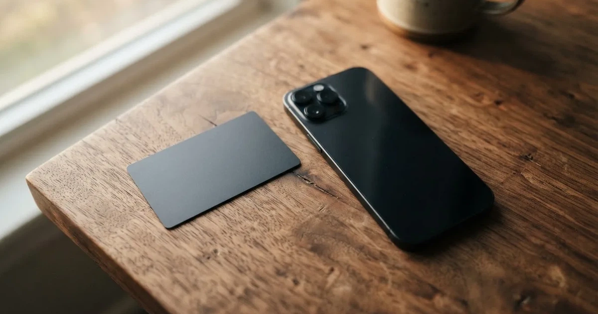 A payment card next to a phone with a crypto wallet app open