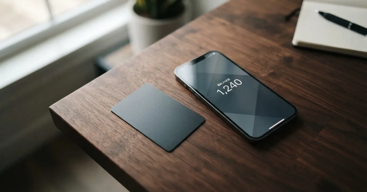 A payment card next to a phone with a crypto wallet app open
