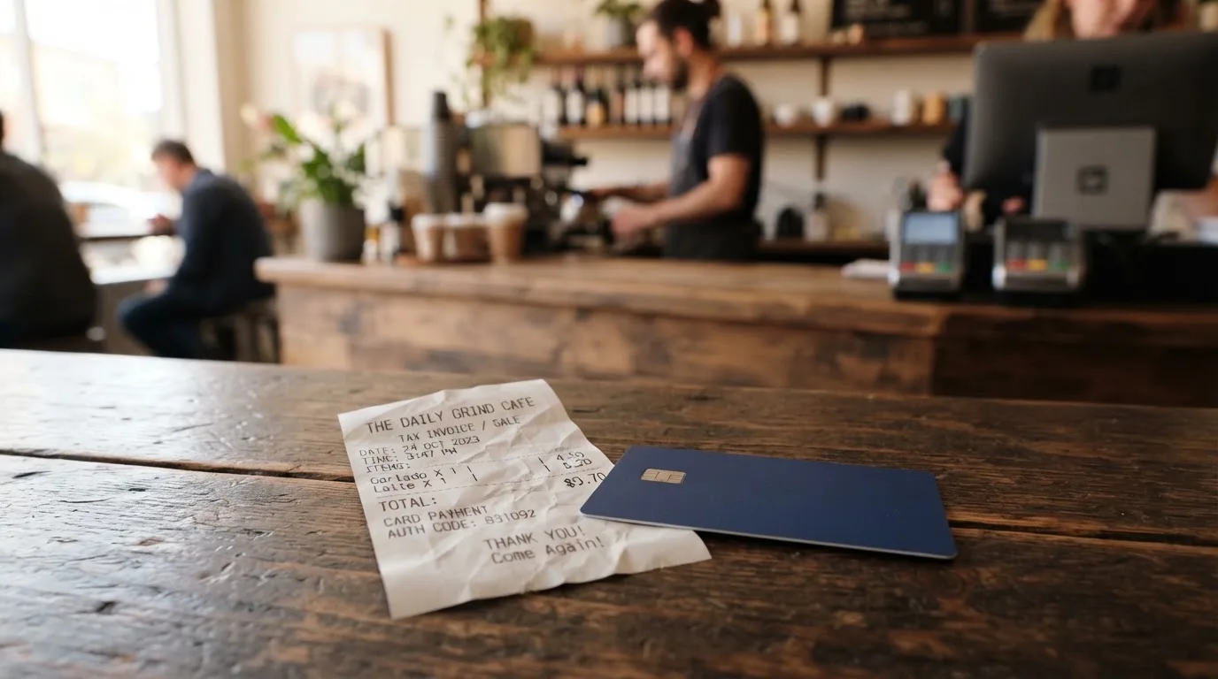 A receipt and a card on a café table