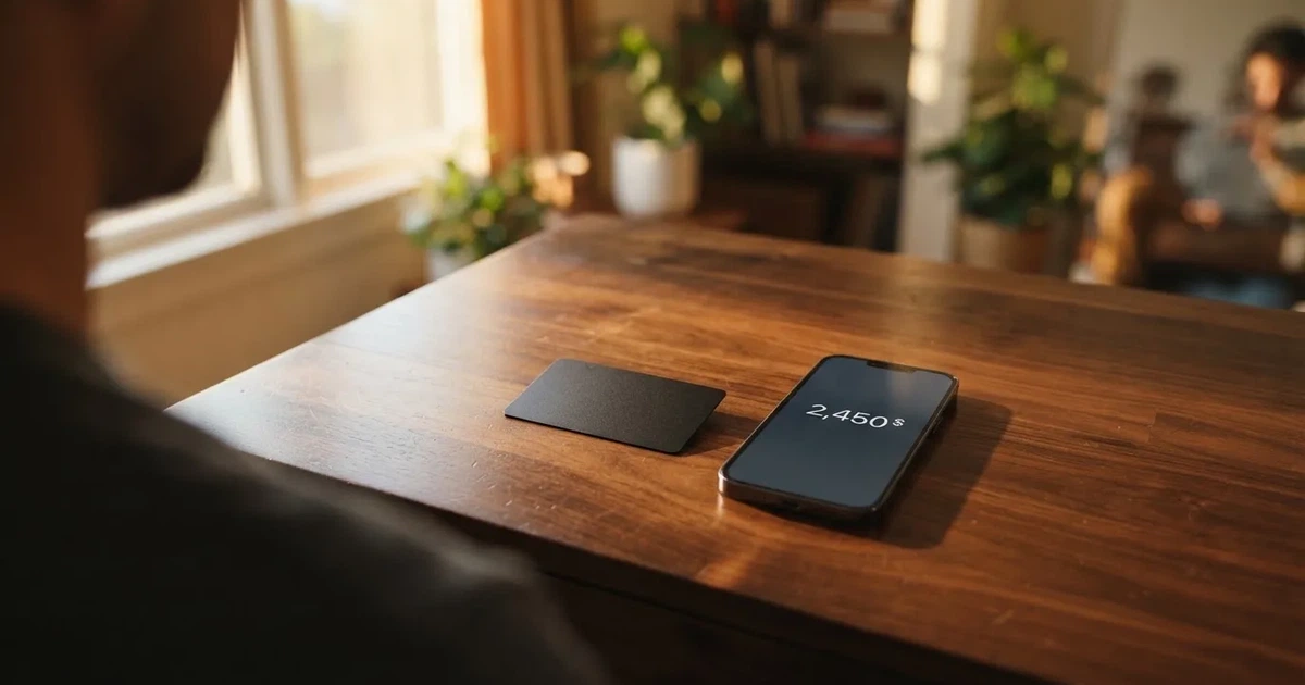A payment card next to a phone with a crypto wallet app open