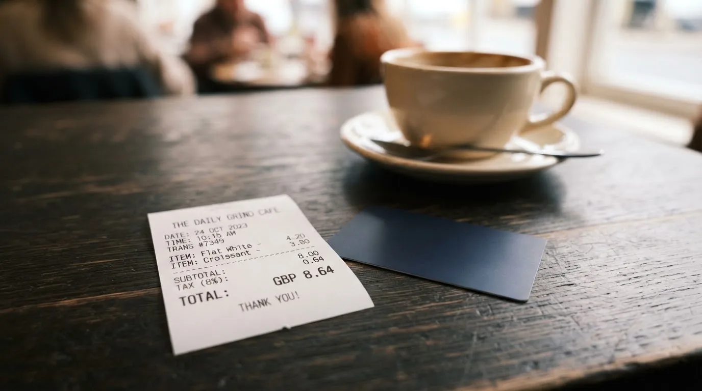 A receipt and a card on a café table