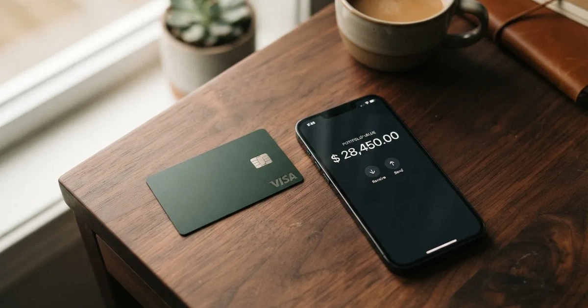 A payment card next to a phone with a crypto wallet app open