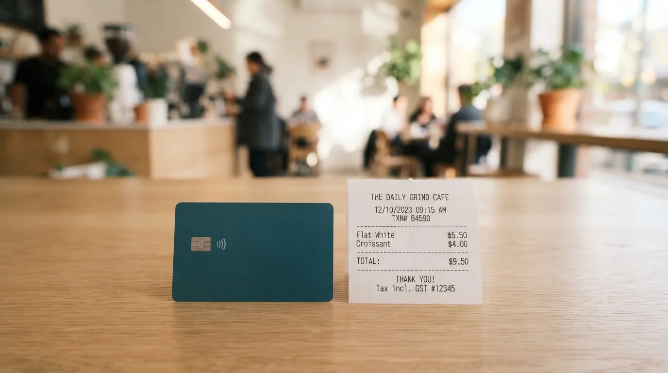 A receipt and a card on a café table
