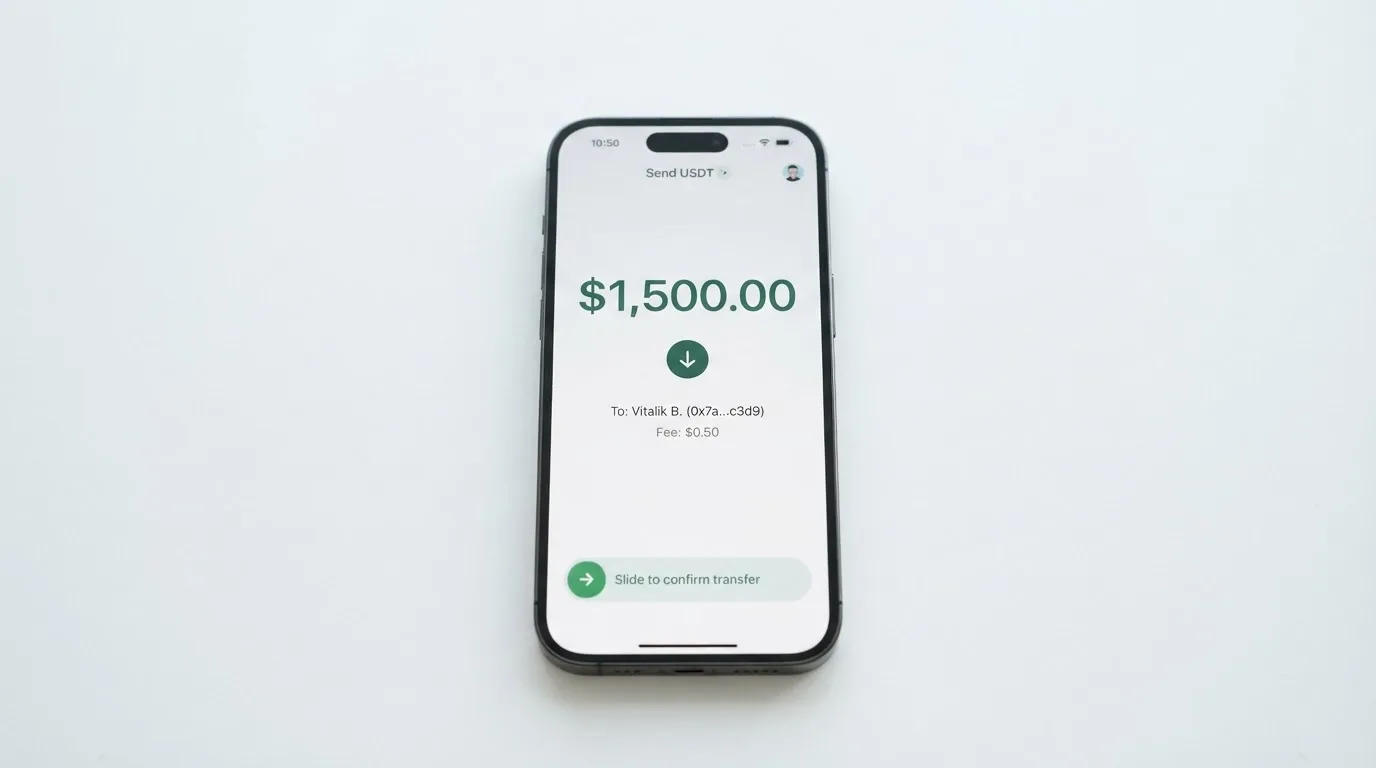 A phone showing a stablecoin transfer screen