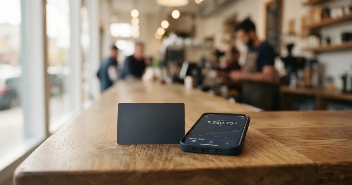 A payment card next to a phone with a crypto wallet app open