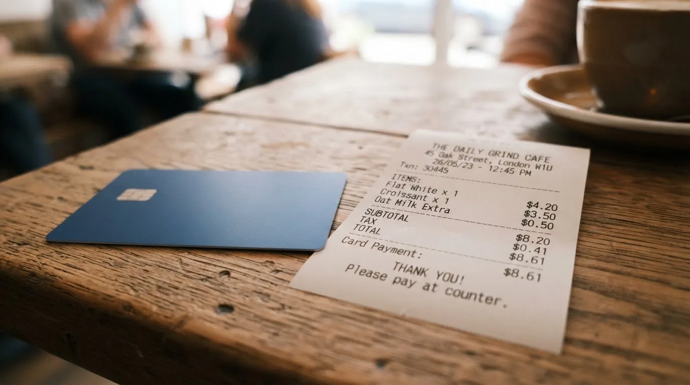 A receipt and a card on a café table