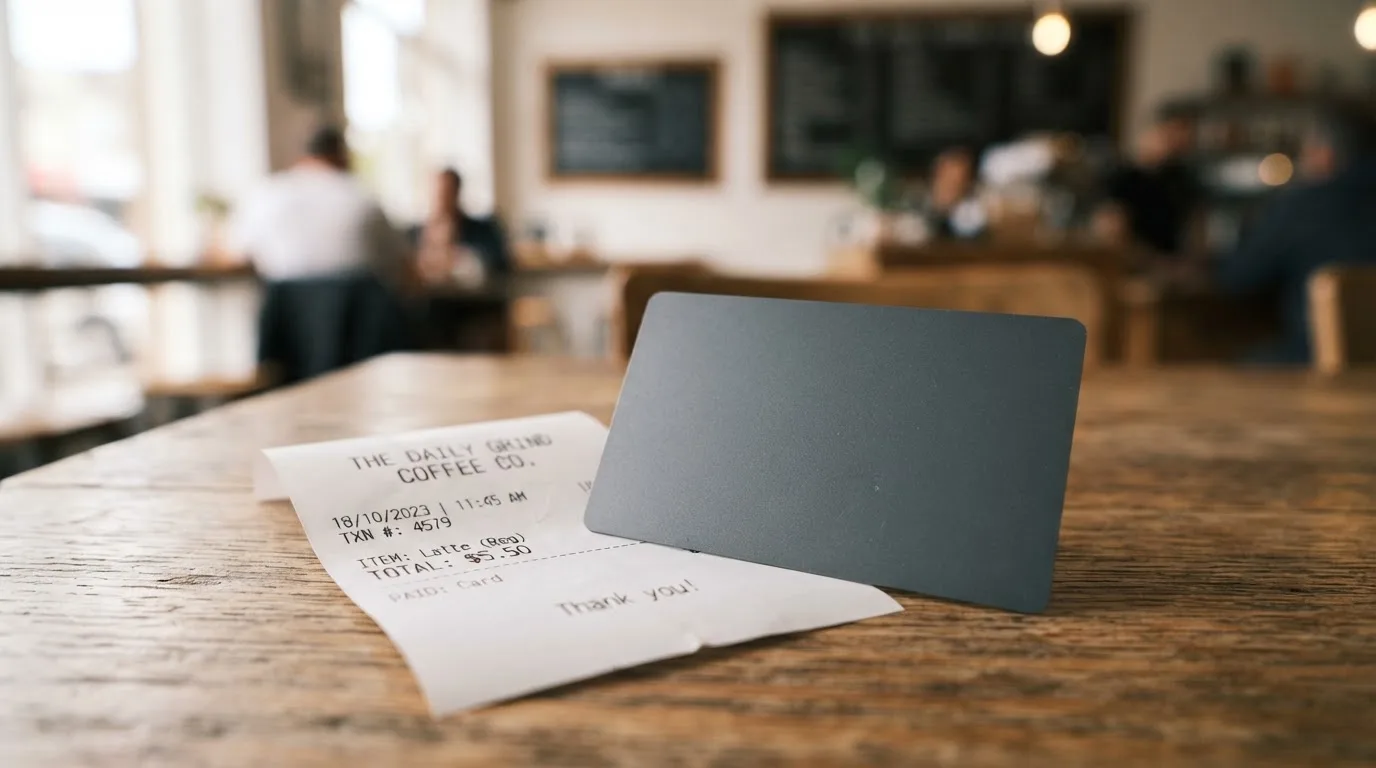 A receipt and a card on a café table