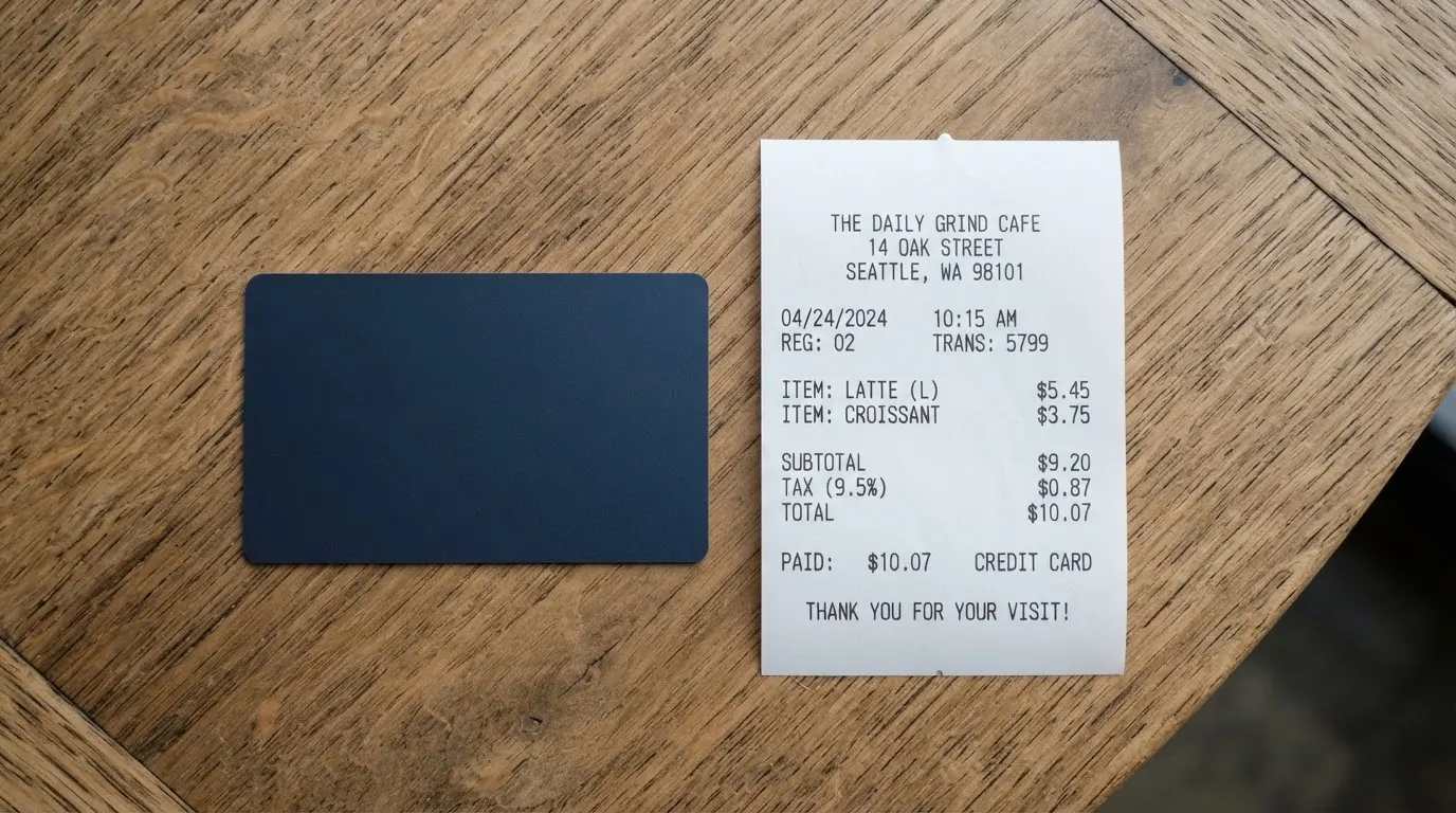 A receipt and a card on a café table