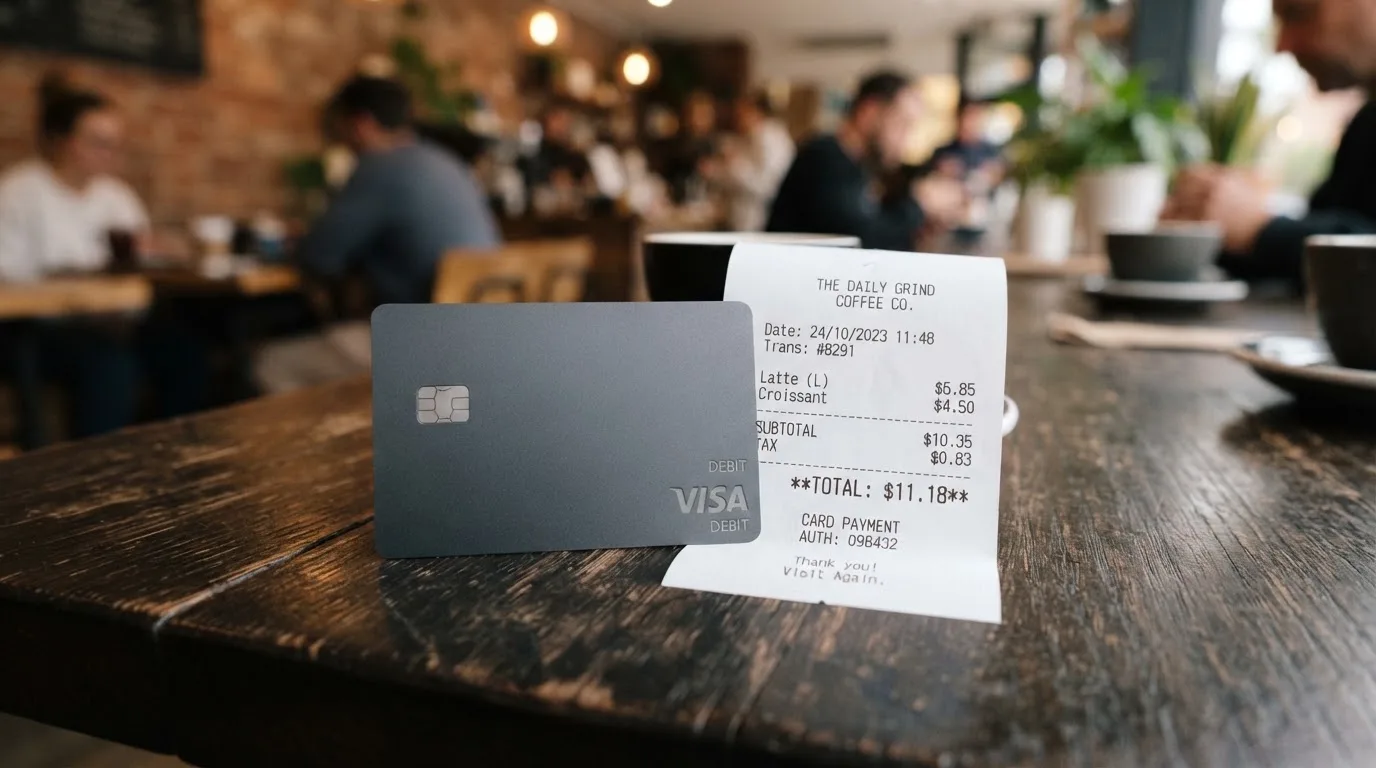 A receipt and a card on a café table