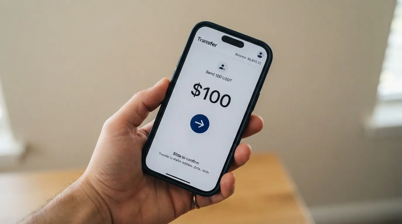 A phone showing a stablecoin transfer screen