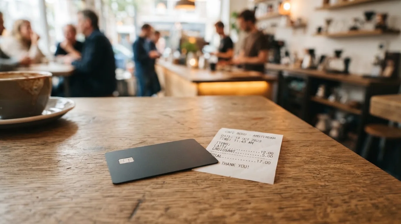 A receipt and a card on a café table