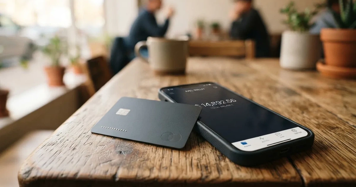 A payment card next to a phone with a crypto wallet app open
