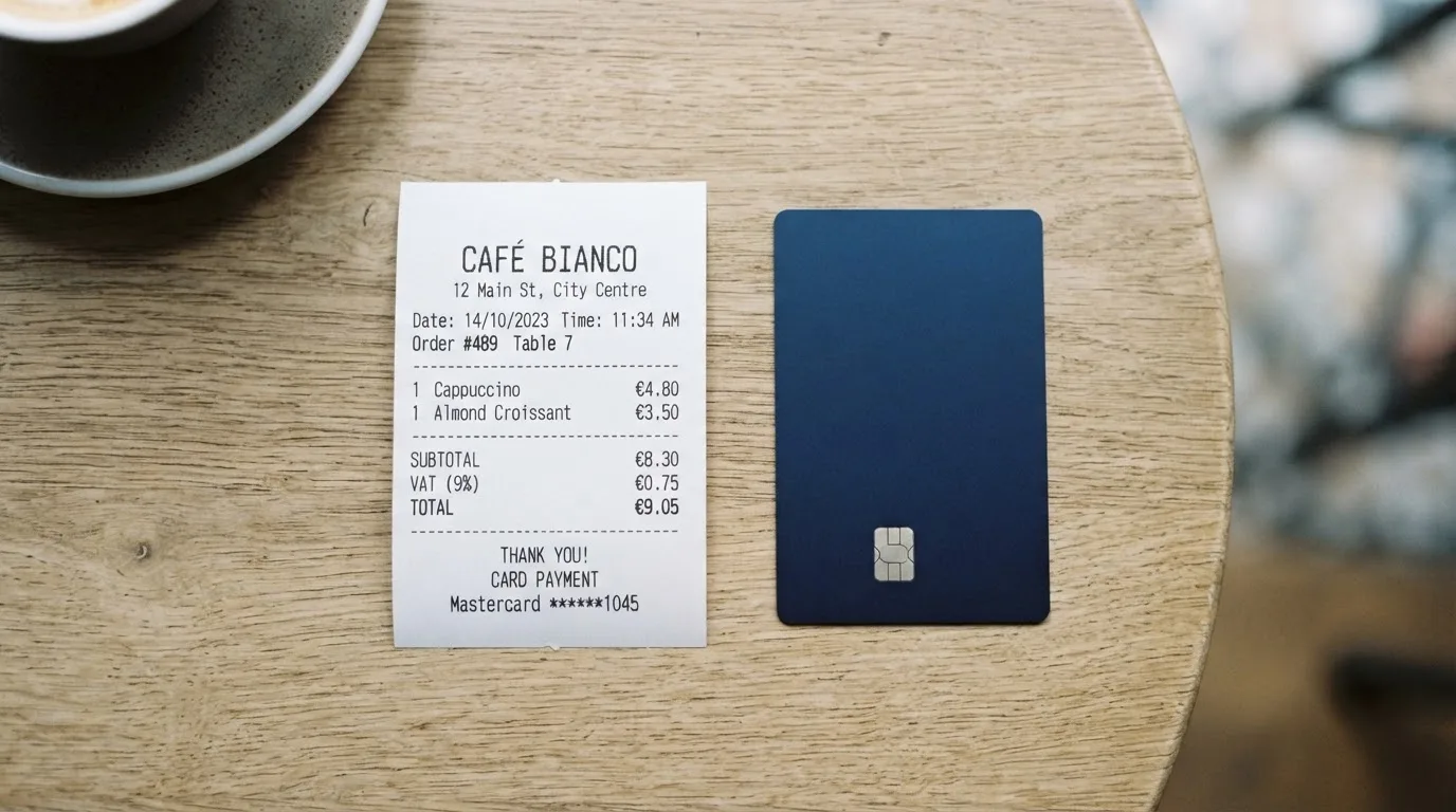 A receipt and a card on a café table