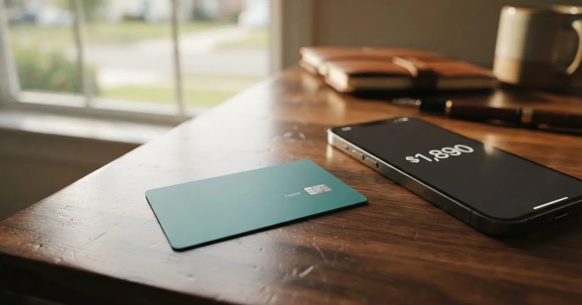 A payment card next to a phone with a crypto wallet app open