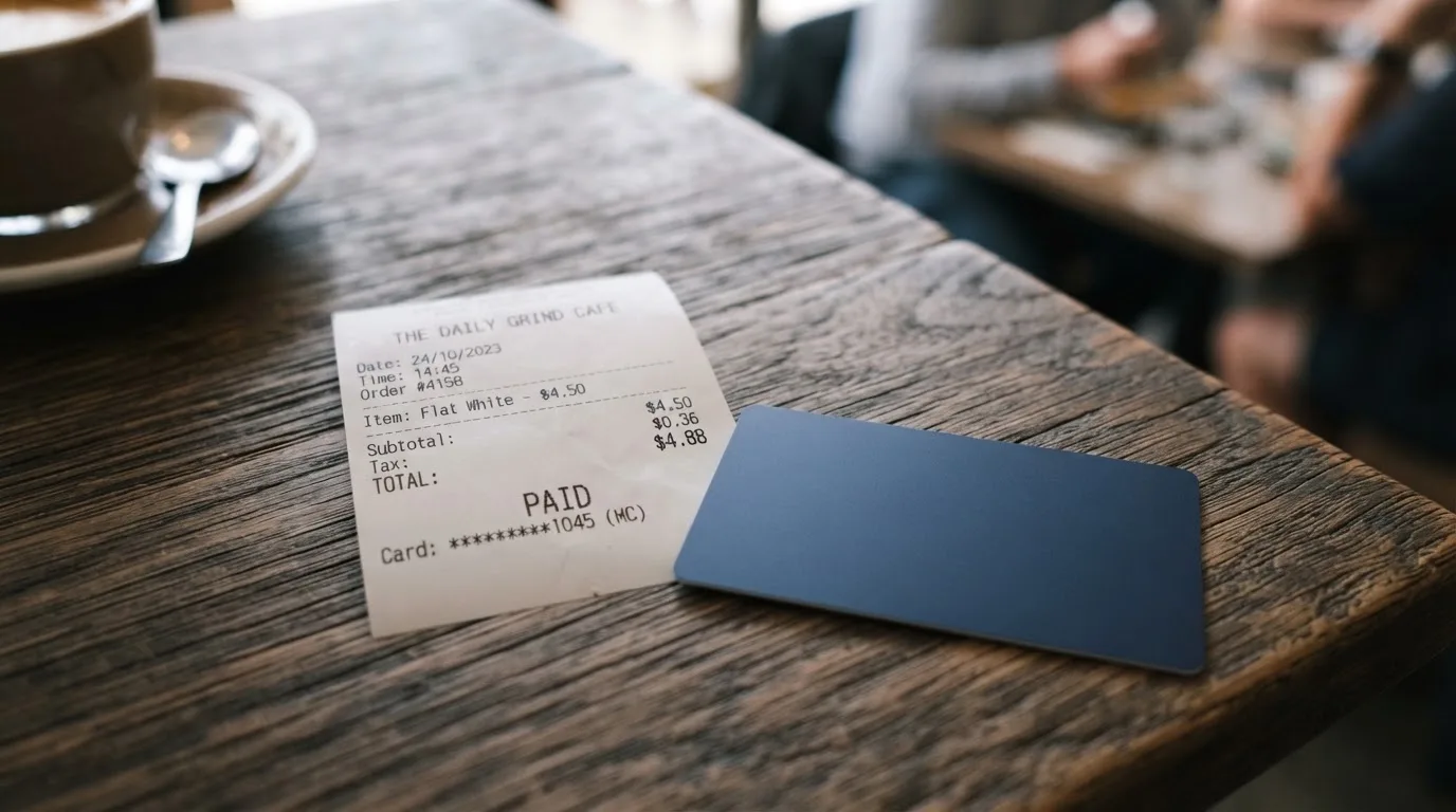 A receipt and a card on a café table