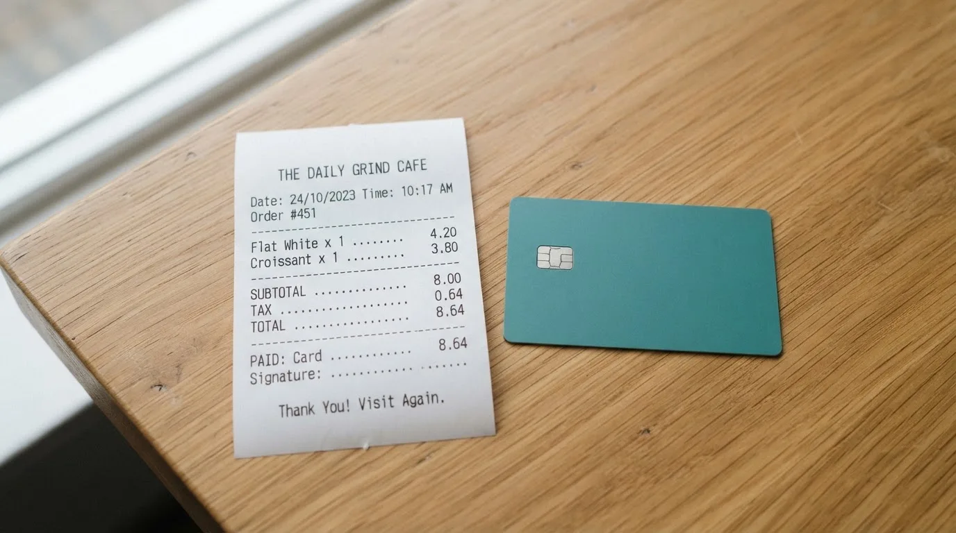 A receipt and a card on a café table