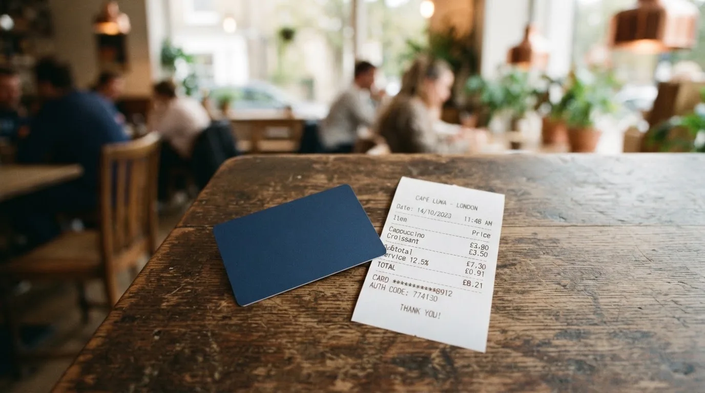 A receipt and a card on a café table