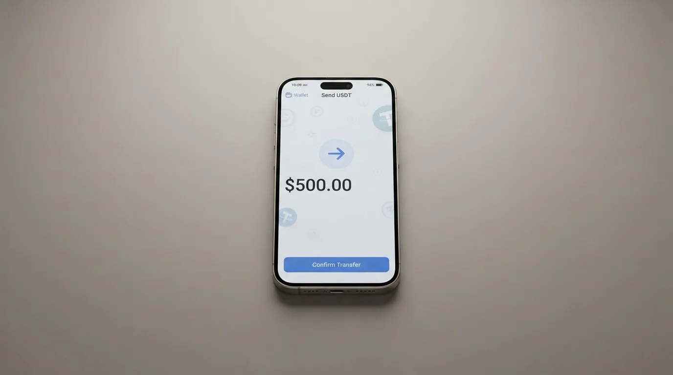 A phone showing a stablecoin transfer screen