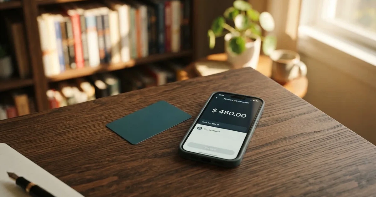 A payment card next to a phone with a crypto wallet app open