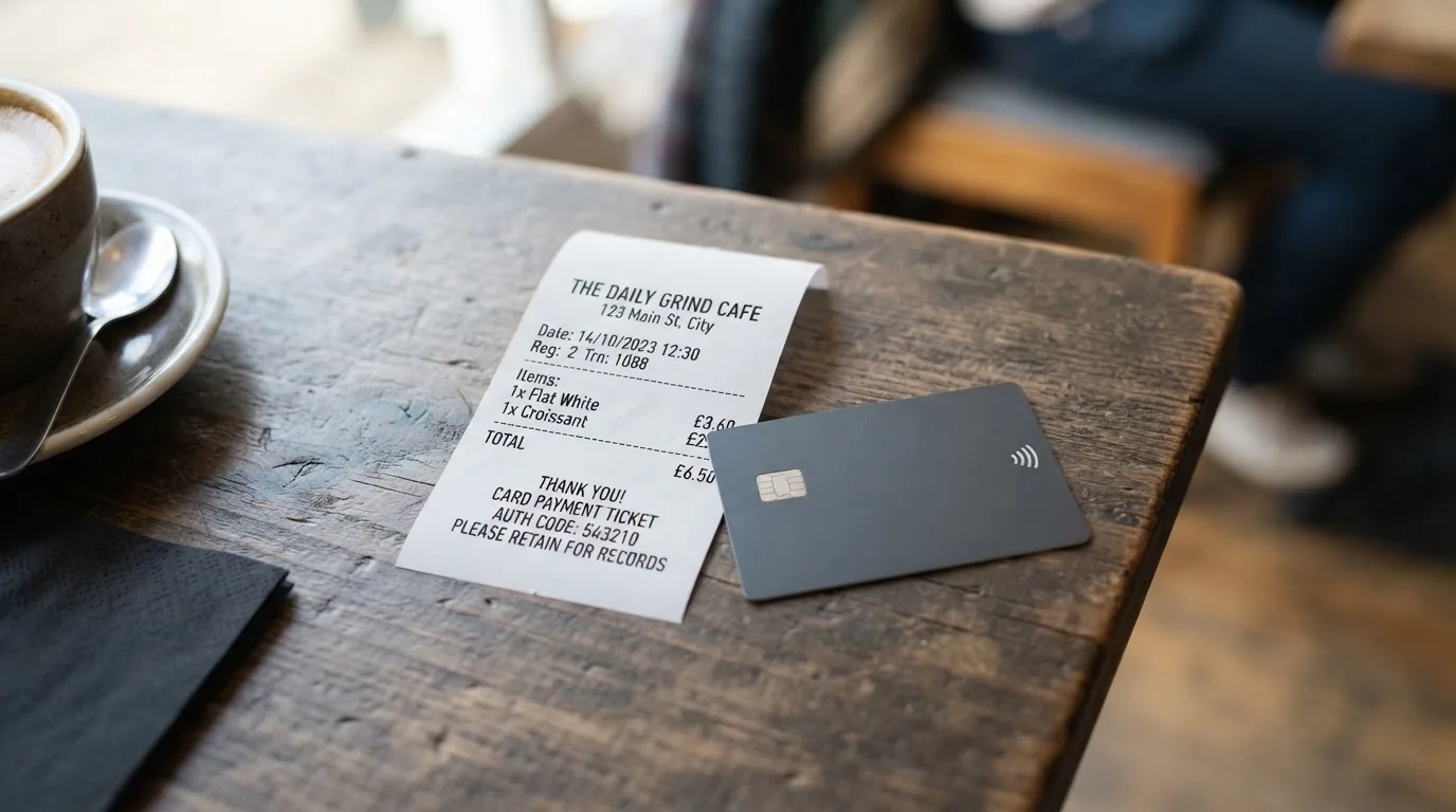 A receipt and a card on a café table