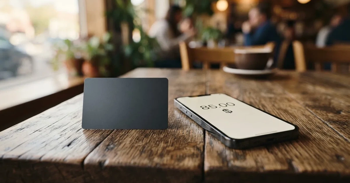A payment card next to a phone with a crypto wallet app open