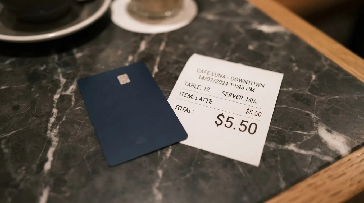 A receipt and a card on a café table