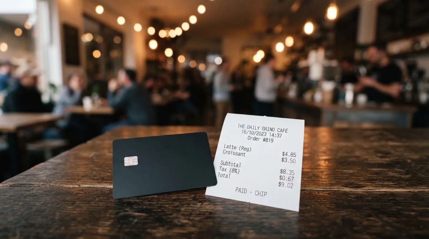 A receipt and a card on a café table