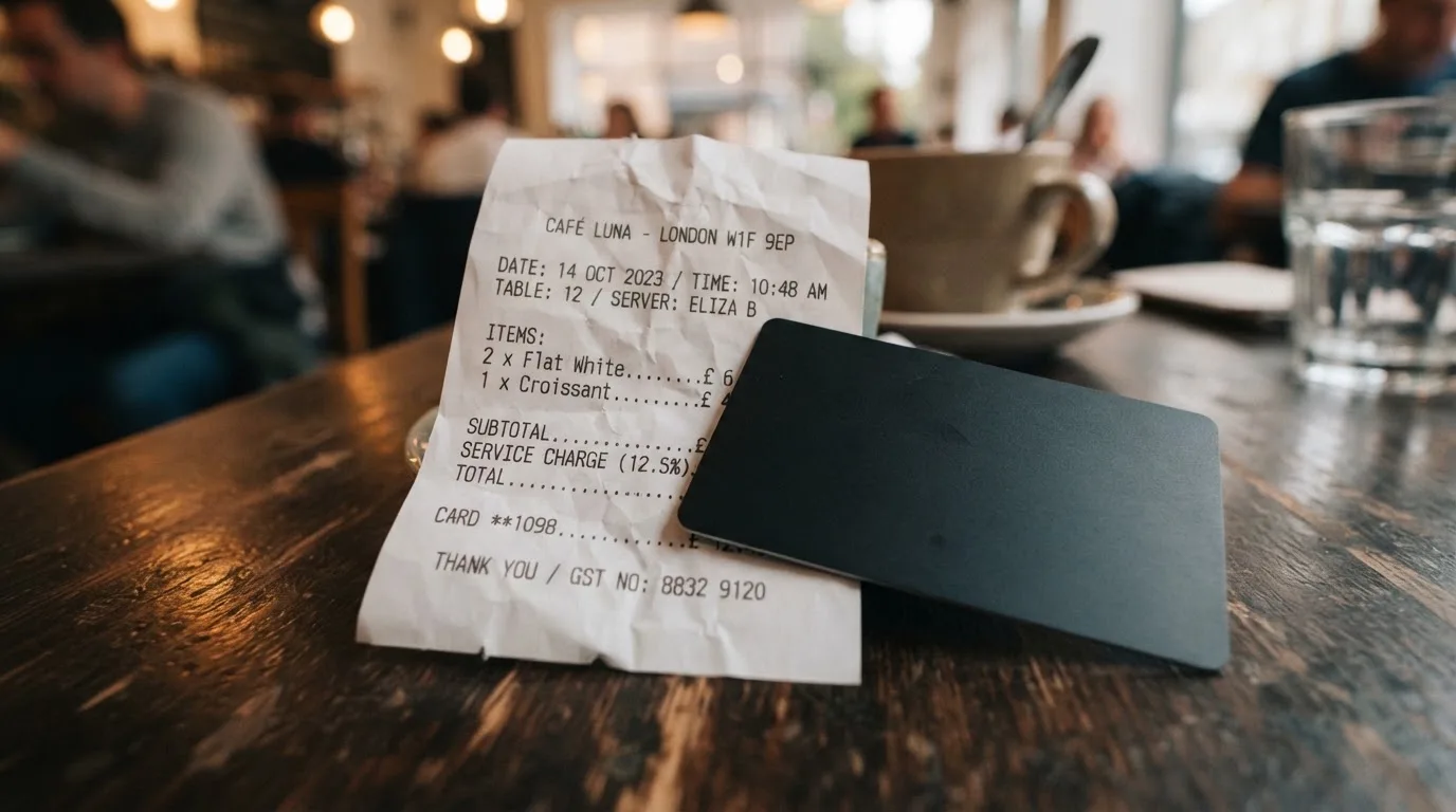 A receipt and a card on a café table